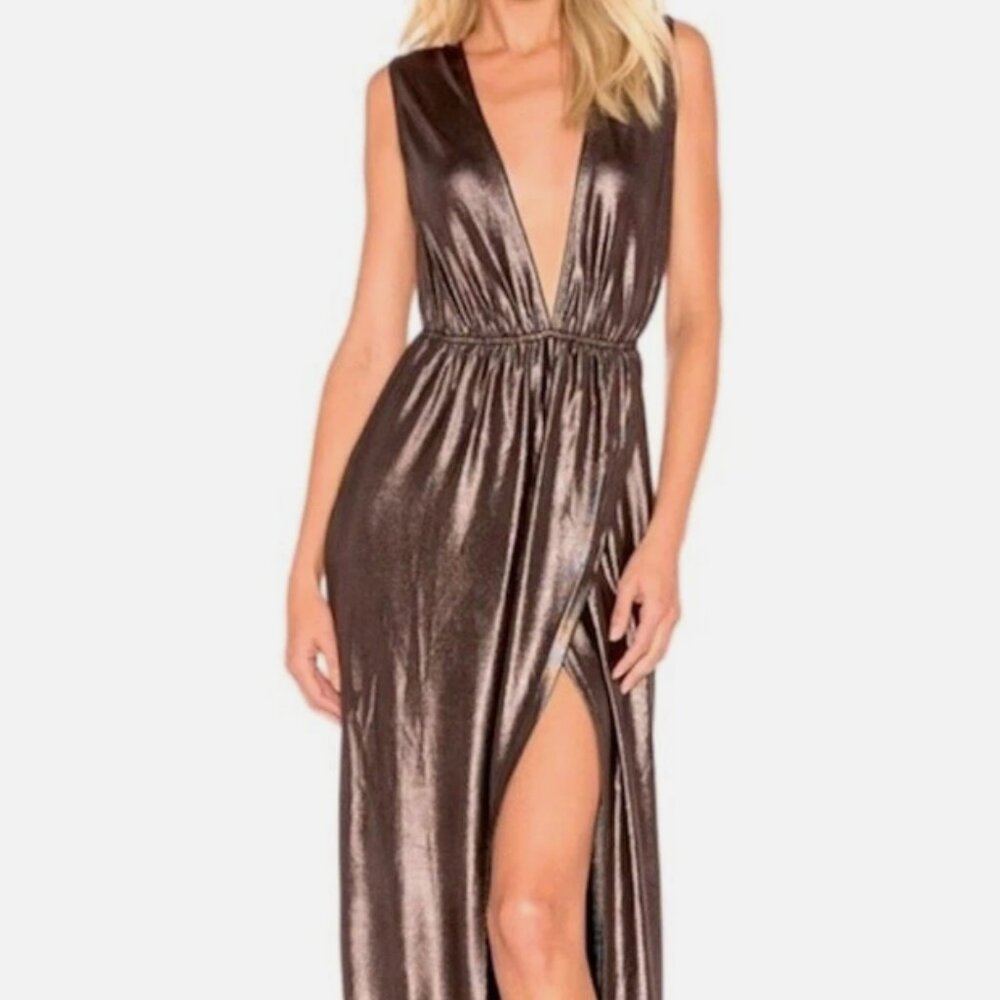 About Us Bronze Deep V Slit Dress Size Small